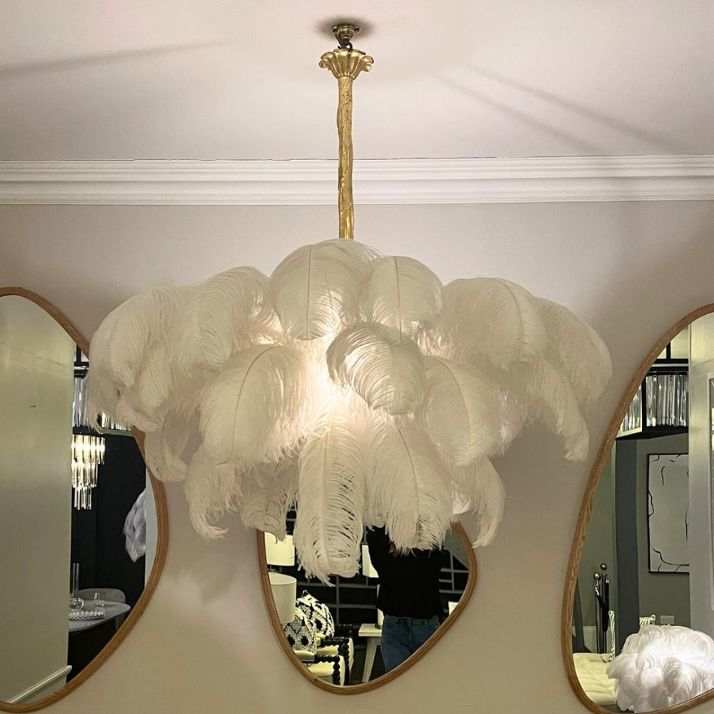 Ex-Display Ostrich Feather Chandelier - White - Gold