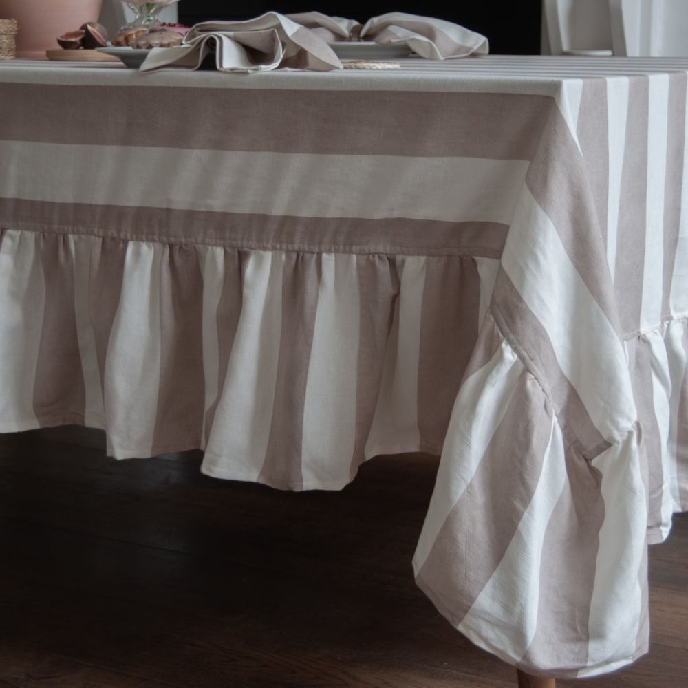 Large Rectangle Tablecloth Ruffle - Mocha Stripe