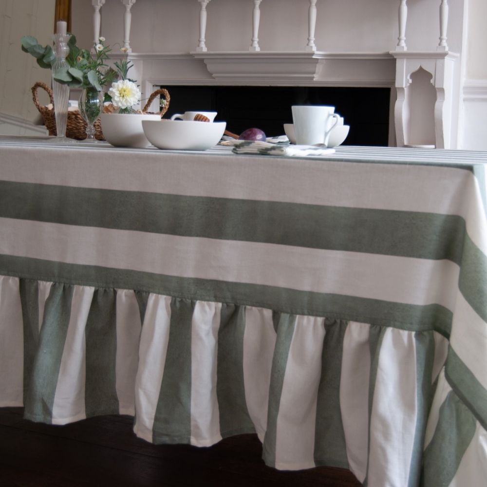 Large Rectangle Tablecloth Ruffle - Sage Stripe