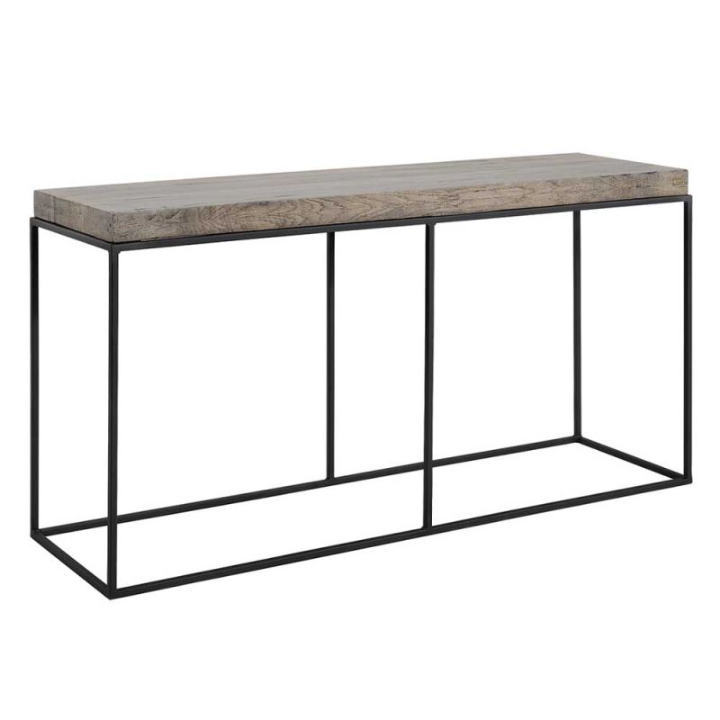 Rectangular console table with black metal legs and wooden tabletop