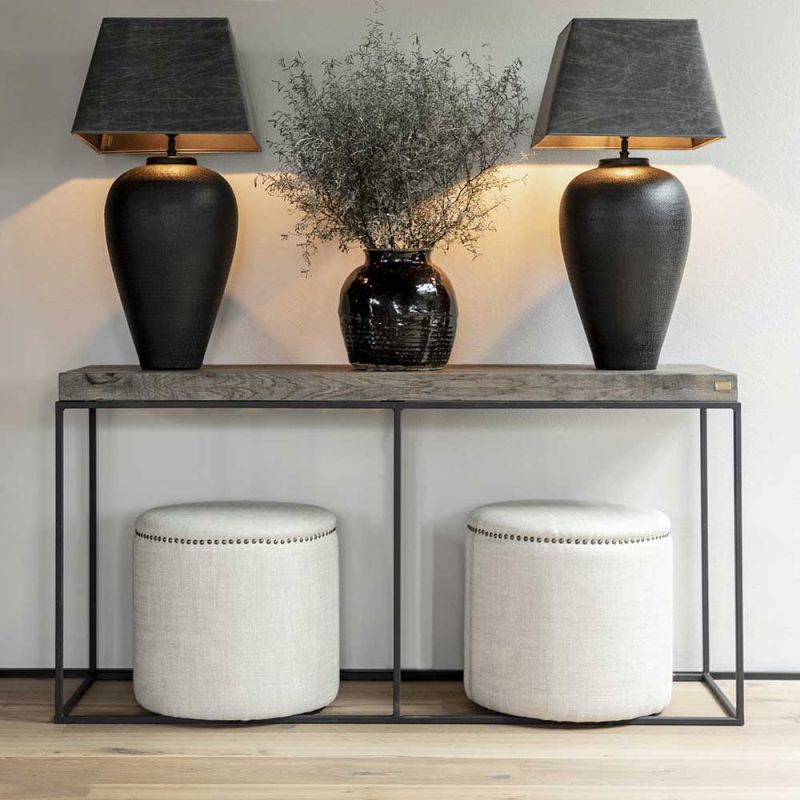 Console table with black metal frame and solid oak tabletop