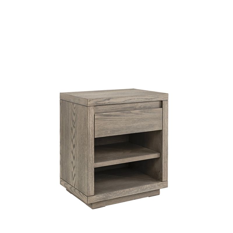 Grey bedside table with shelves and upper drawer