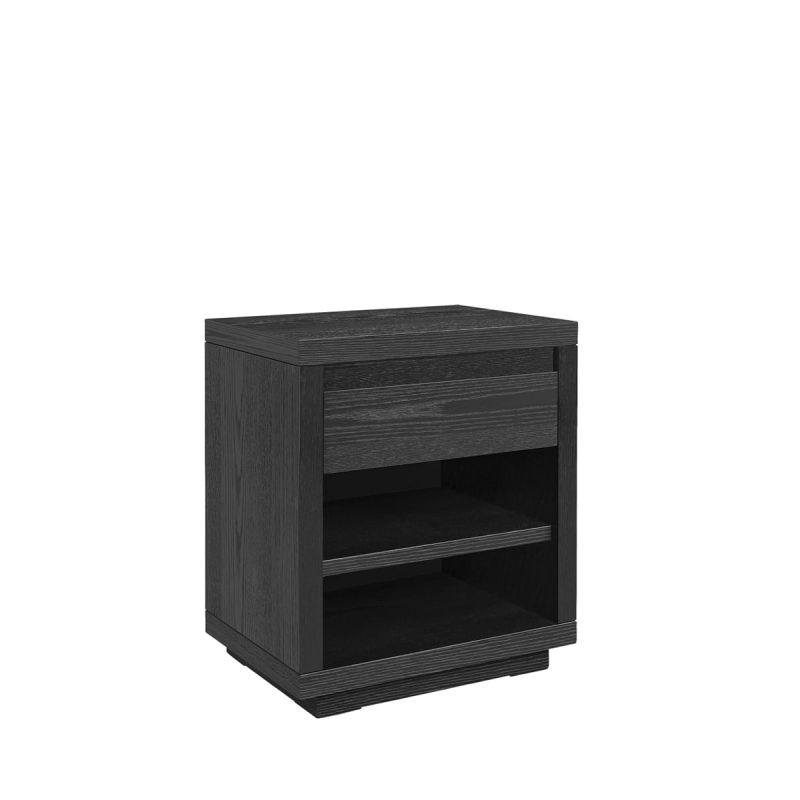 Black bedside table with shelves and upper drawer