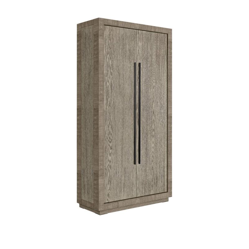 Grey cabinet with four shelves and glass fronted doors