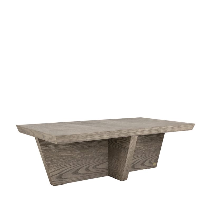 Grey oak veneer coffee table consisting of three interlocking wooden panels