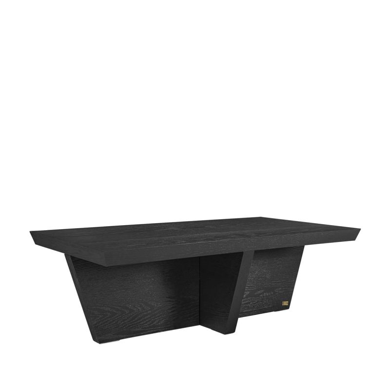 Large black wood coffee table with square silhouette and tapered base