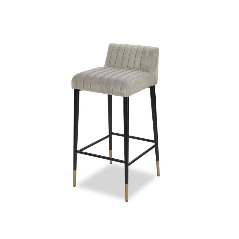 Square bar stool with upholstered in light grey fabric with fluting details