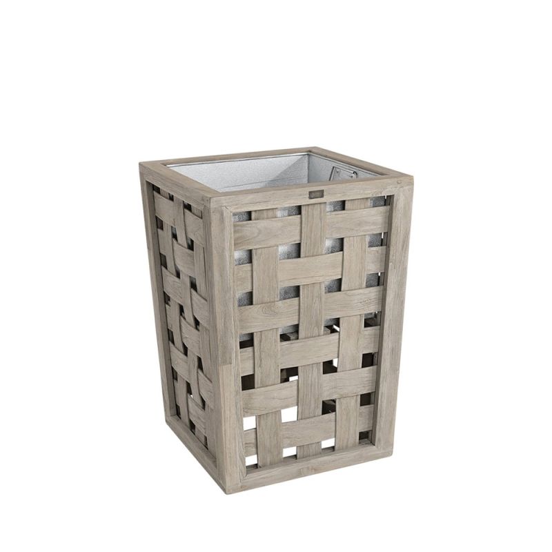 Grey wooden plant pot with laced wood panels