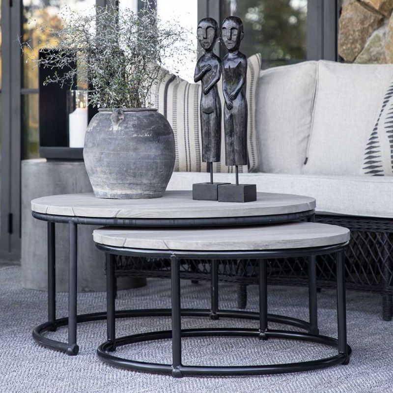 Set of two circular outdoor coffee tables with black metal frames and wooden tabletop