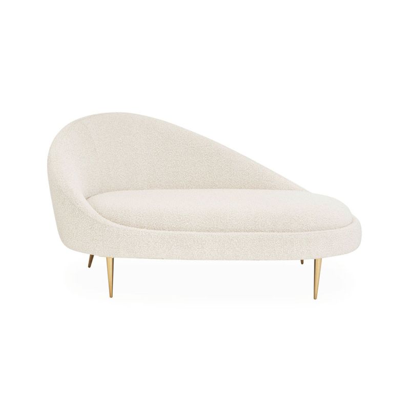 Elegant chaise longue upholstered in cream boucle with brass stiletto legs