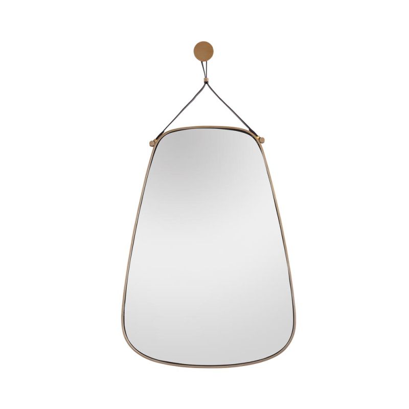 brass oblong shaped mirror with leather strap hanger