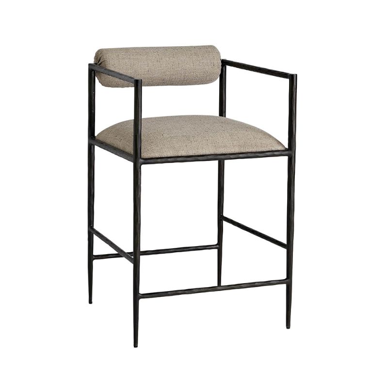 Svelte black pewter frame counter stool with upholstered seat and back