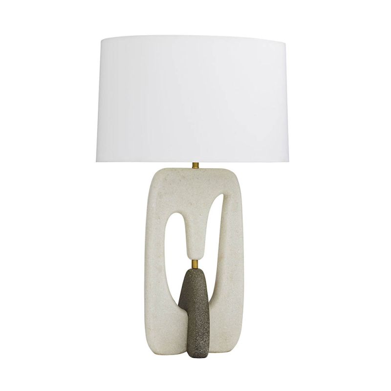 Stone textured table lamp with grey stone element and brass accents