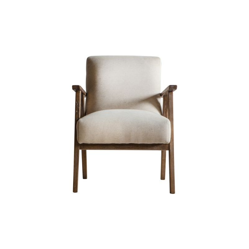 Mid-century style armchair with modern silhouette and natural linen upholstery