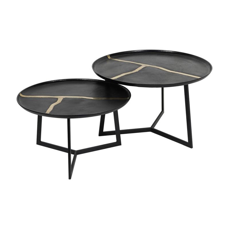 Round tray top coffee tables with gold painted embellishment 