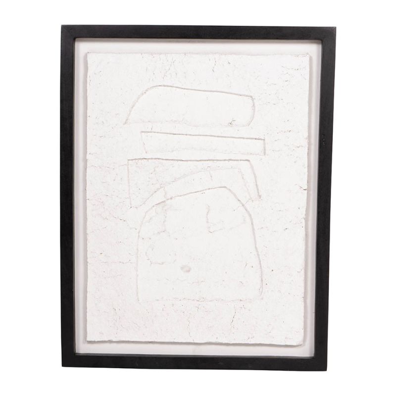 Cream coloured abstract wall art in a black frame 