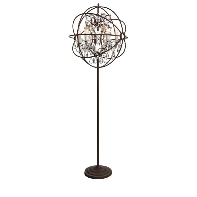 Elegant crystal floor light with cage style metal framework in natural iron finish