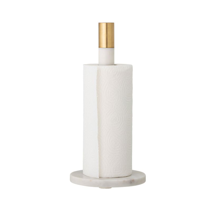 An elegant white marble and brushed brass kitchen paper towel holder