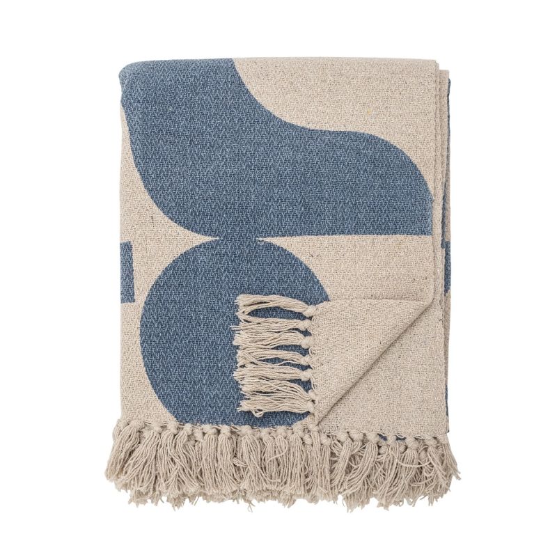 Cream throw with blue pattern and cream fringing