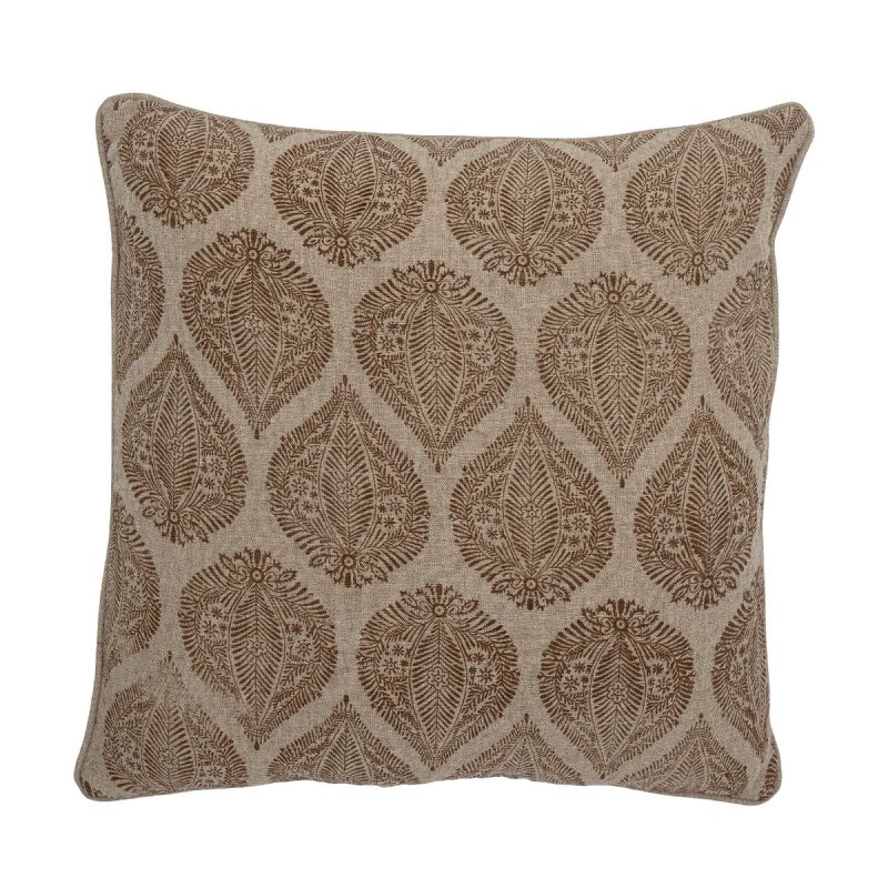 Square brown cushion with tapestry pattern