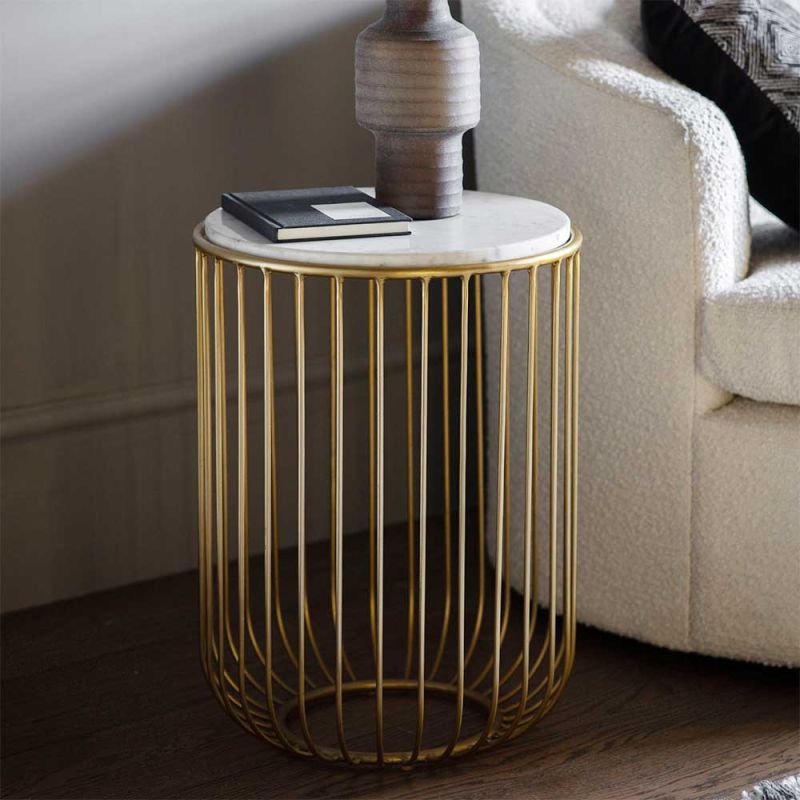 Brass framework side table with round white marble top