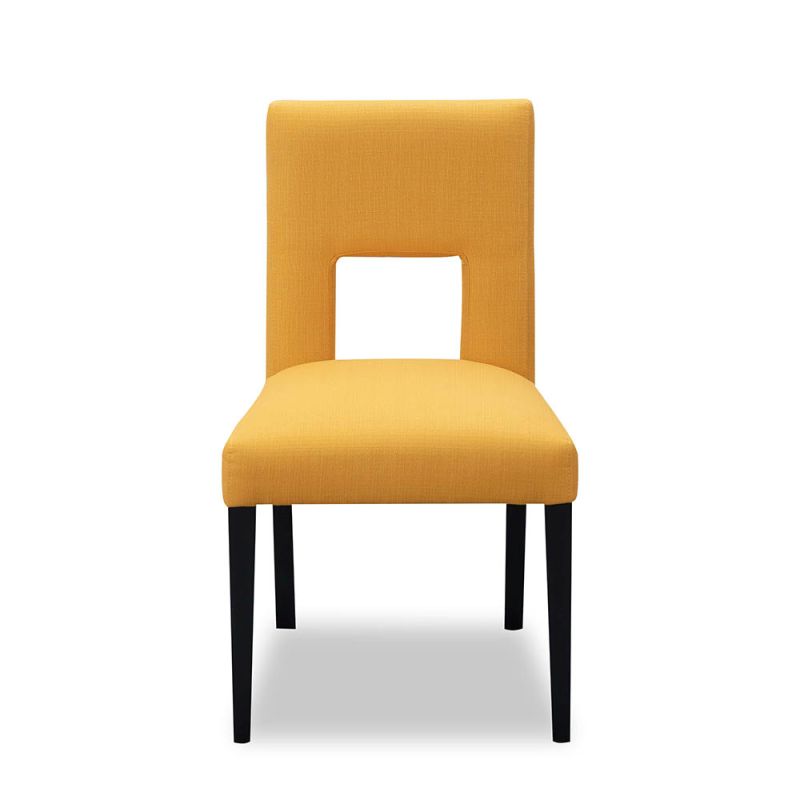 Dining chair with square cut out shape in backrest and luxurious mustard linen upholstery