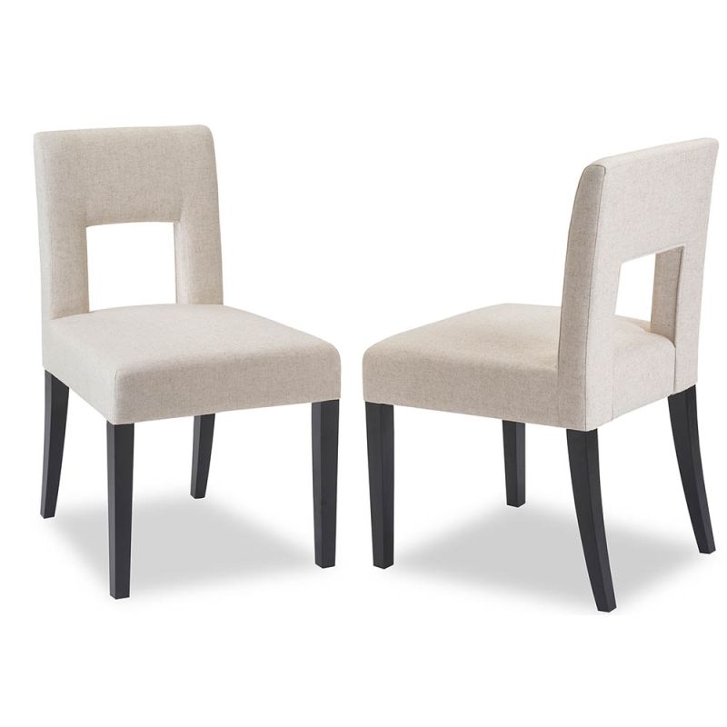 Beige dining chair with square cut out shape in backrest and luxurious linen upholstery