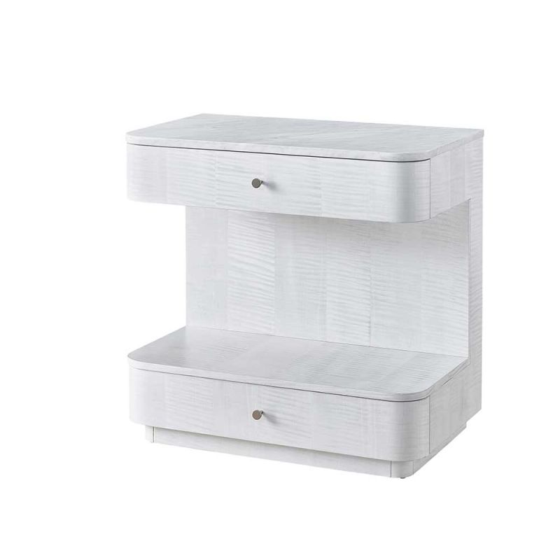 White textured bedside table with upper and lower drawer and display shelf