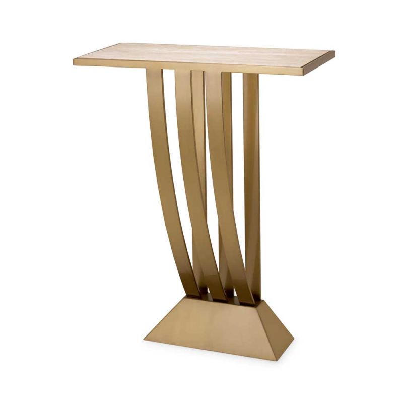 Brushed brass console table with a structured base and travertine top. 