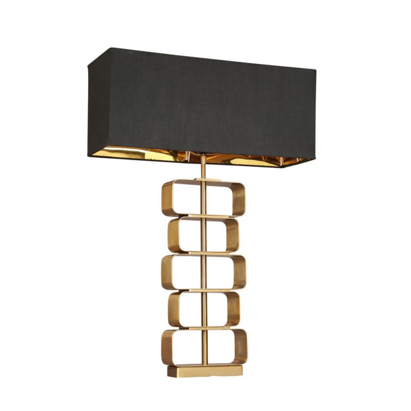 Table lamp with stacked brass shapes stem and rectangular black shade