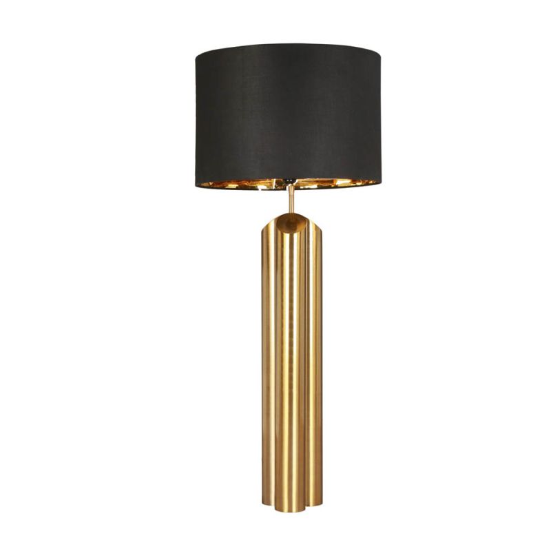 Three brass cylinder table lamp with round shade