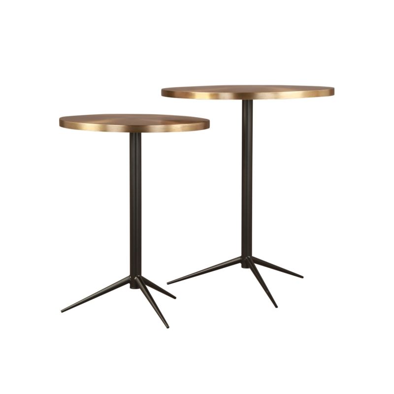 Set of two brass top side tabled with black steel frame and three legs