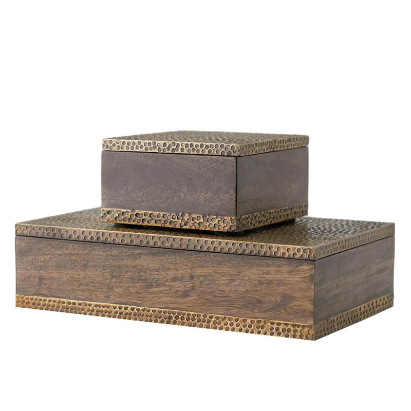 Wooden pair of boxes with hammered brass accents