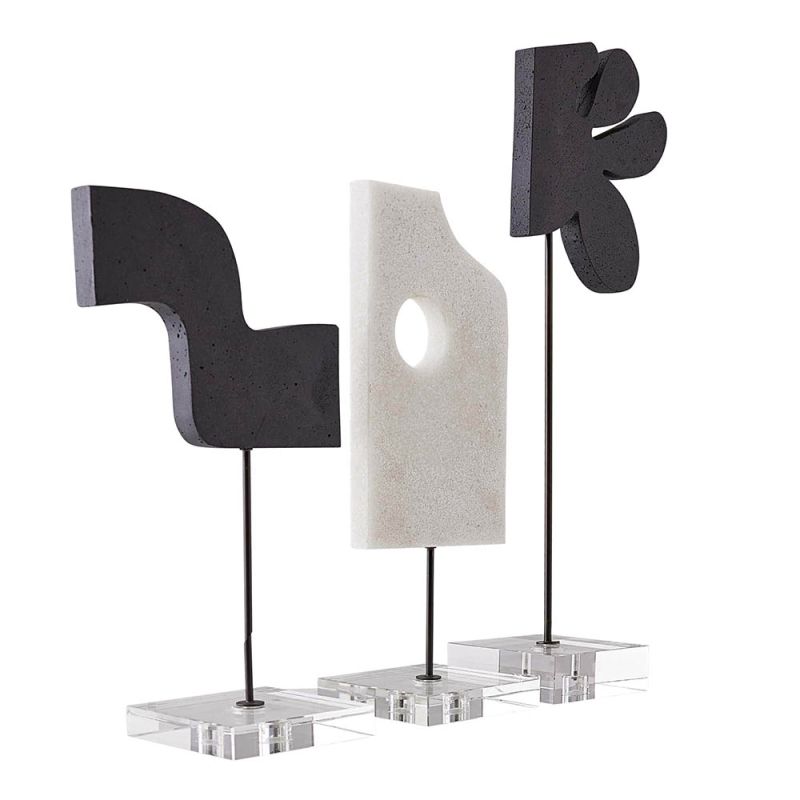 Elegant black and white, playful abstract shaped sculptures