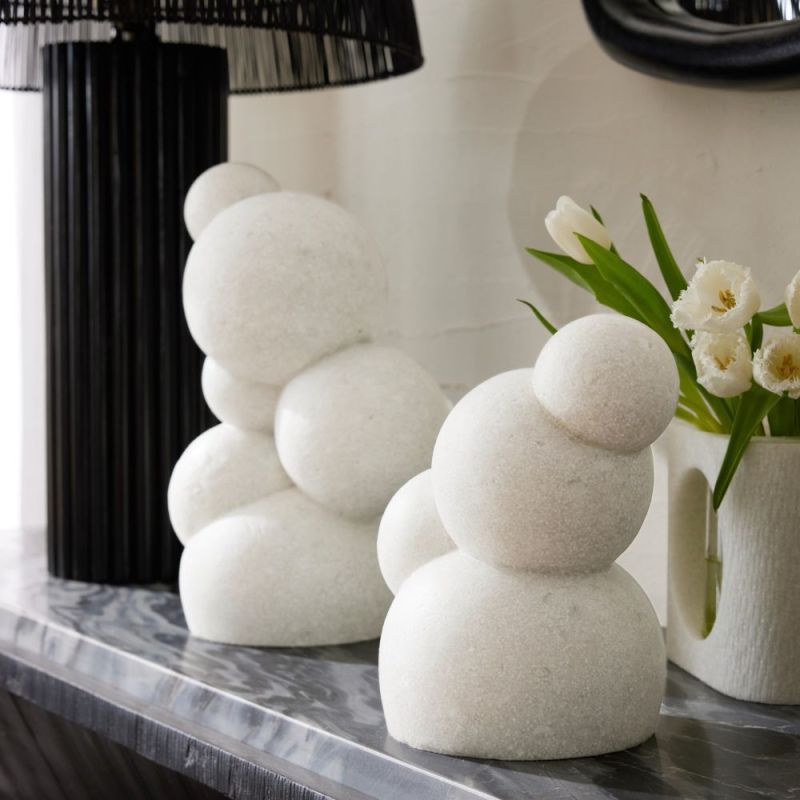 Set of two striking white, glass and stone sculptures in compiled spherical design