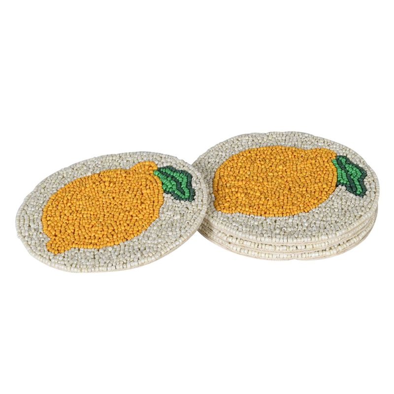 Beaded round coaster with image of lemon