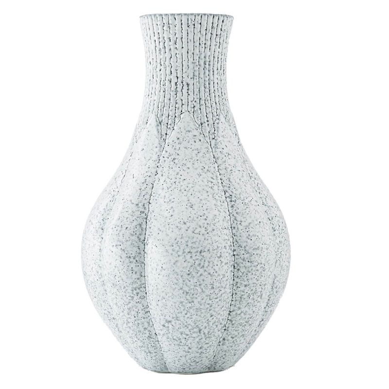 Curved vase with blue speckled effect