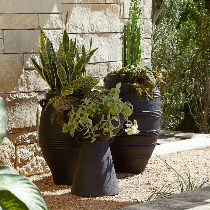 Black outdoor planter with small handle details