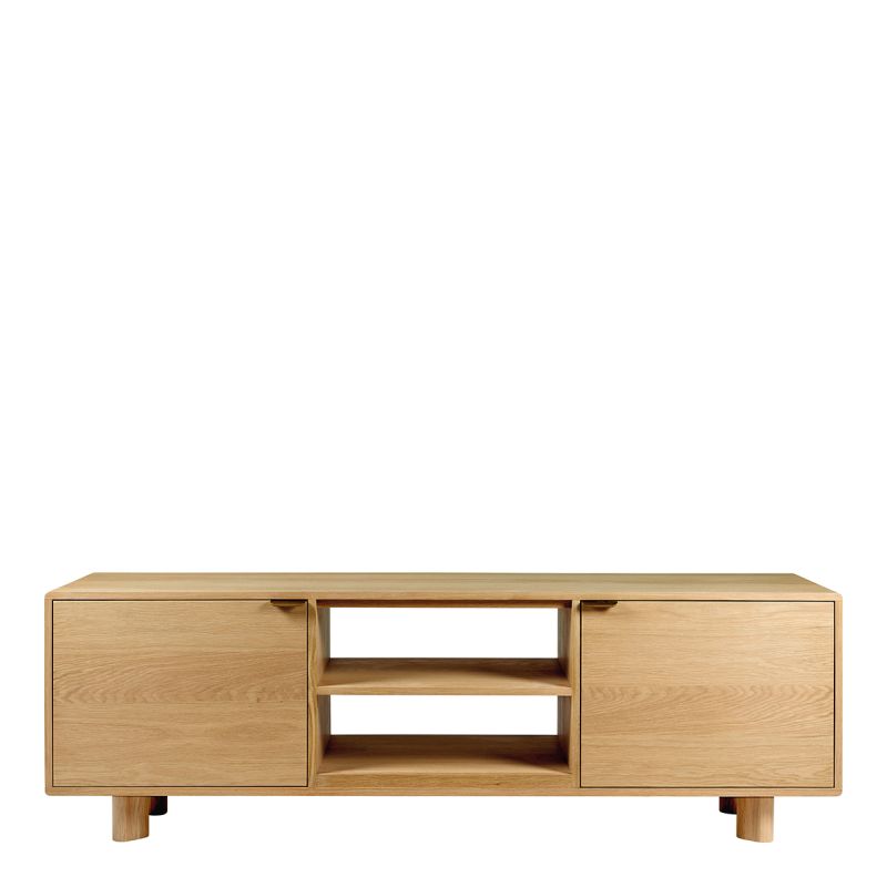 Wooden scandi style TV stand with two cupboards and shelves