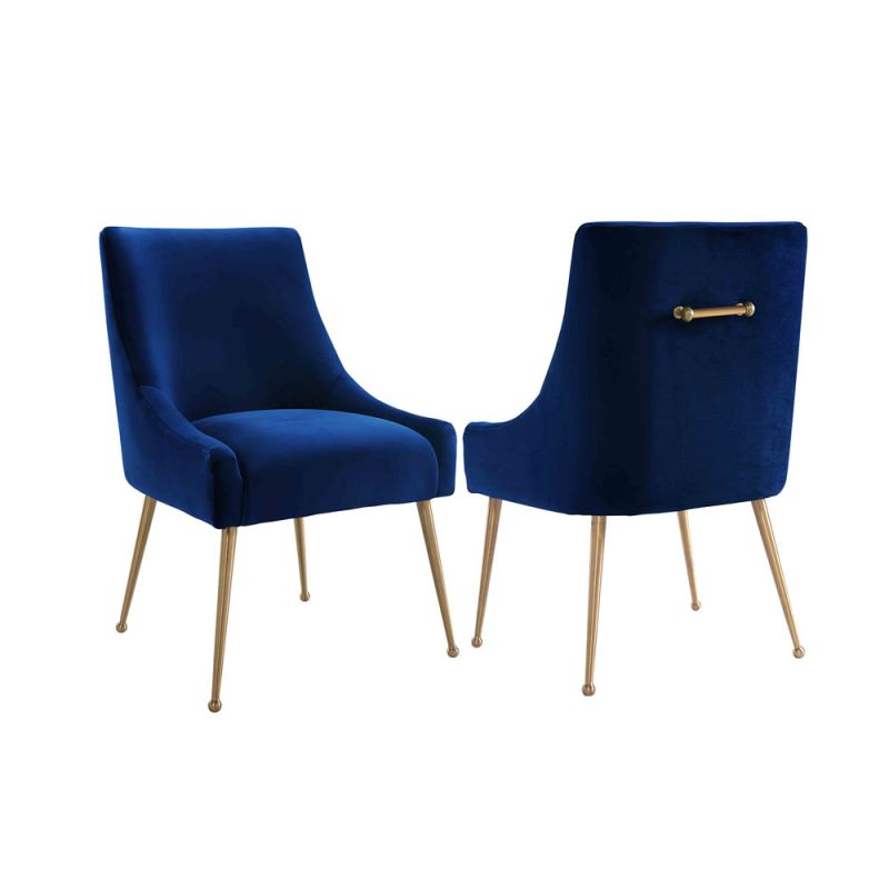 A luxury dining chair by Liang & Eimil with a classic design, brass detailing and a beautiful blue velvet upholstery