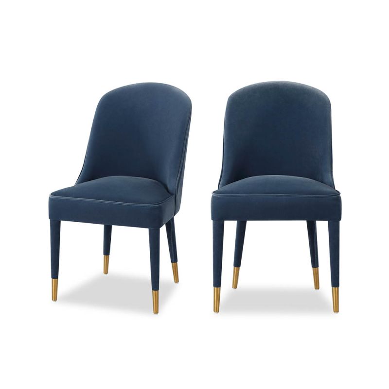 Blue velvet dining chair accented with golden-capped tapered legs