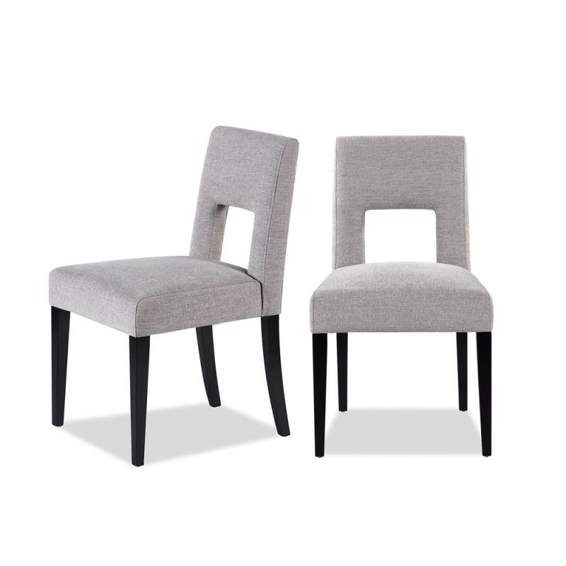 Light grey dining chair with square cut out shape in backrest and luxurious linen upholstery