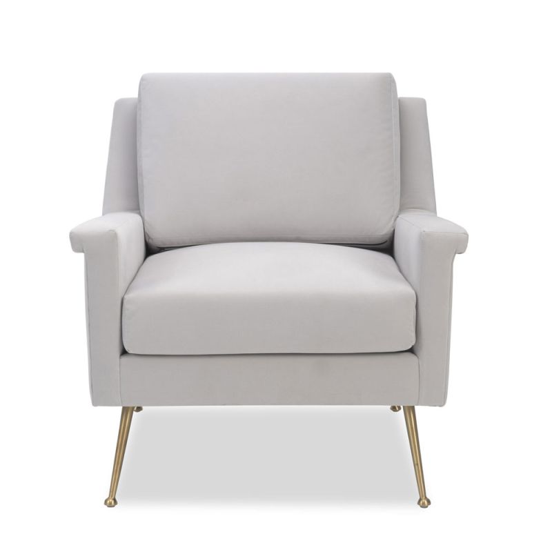 Square shaped lounge chair upholstered in grey velvet with brass legs