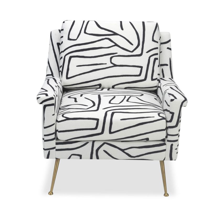 Square shaped lounge chair upholstered in black and white graphic print with brass legs