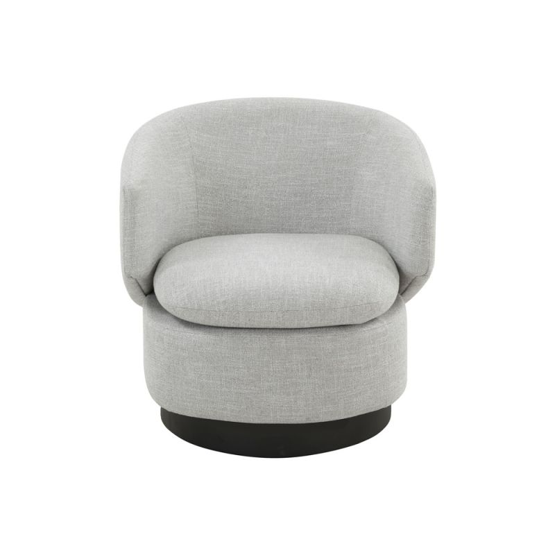 Curved back swivel armchair upholstered in grey and black base