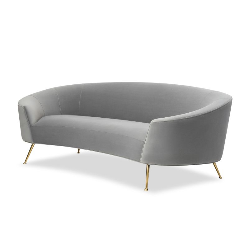 A stylish curved sofa by Liang & Eimil with a grey velvet upholstery and polished brass legs