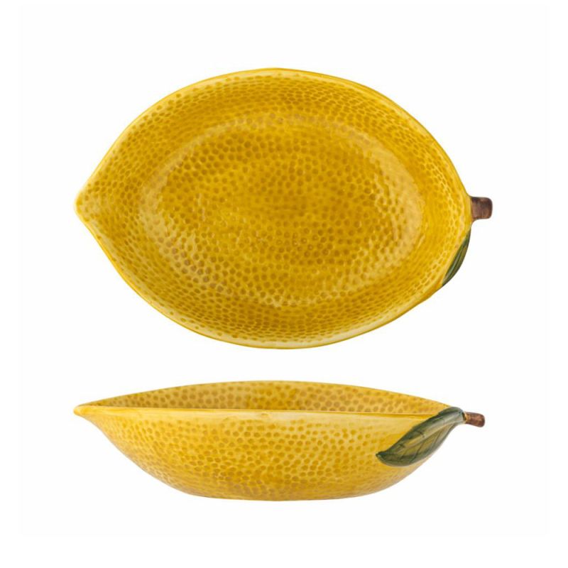 A ceramic serving bowl shaped like a lemon, with textured finish 