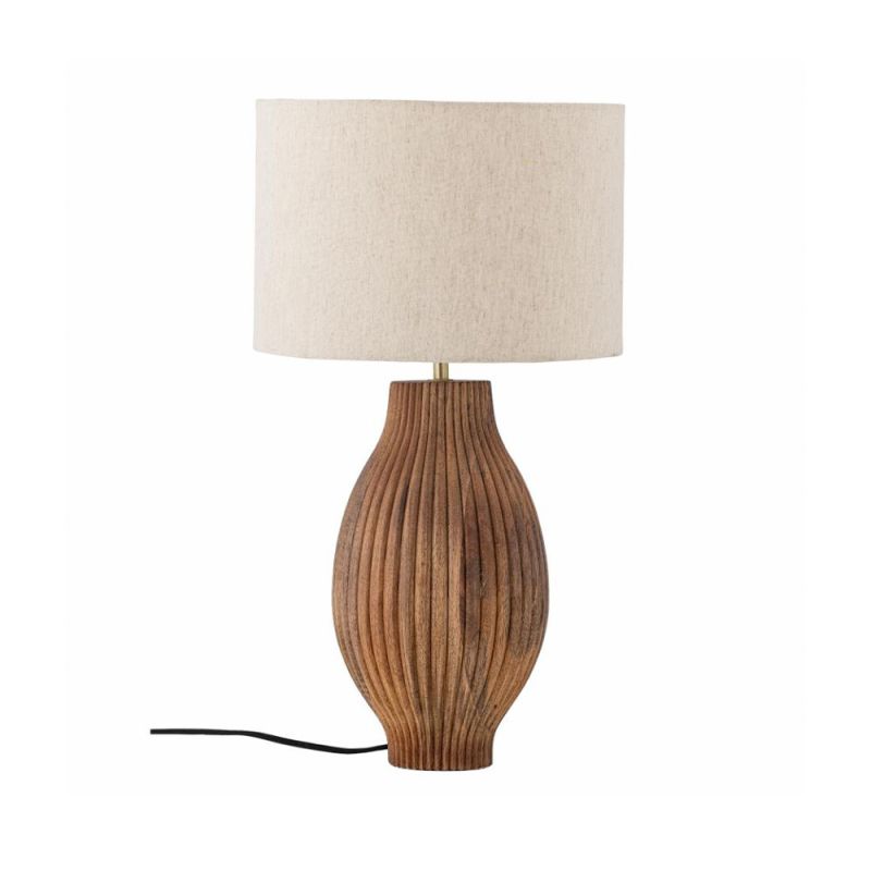 Lamp with carved mango wood base and light linen shade