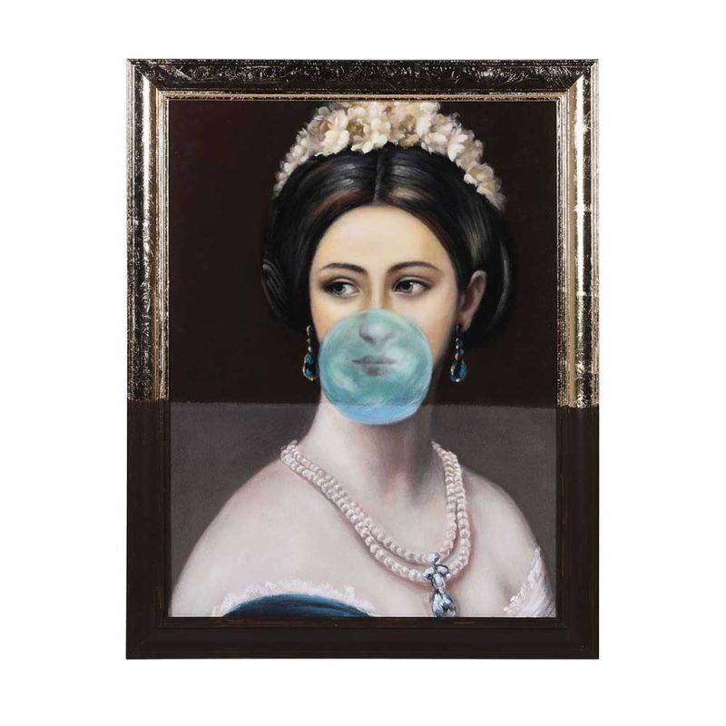 Playful poppy framed artwork of period woman blowing blue bubble gum