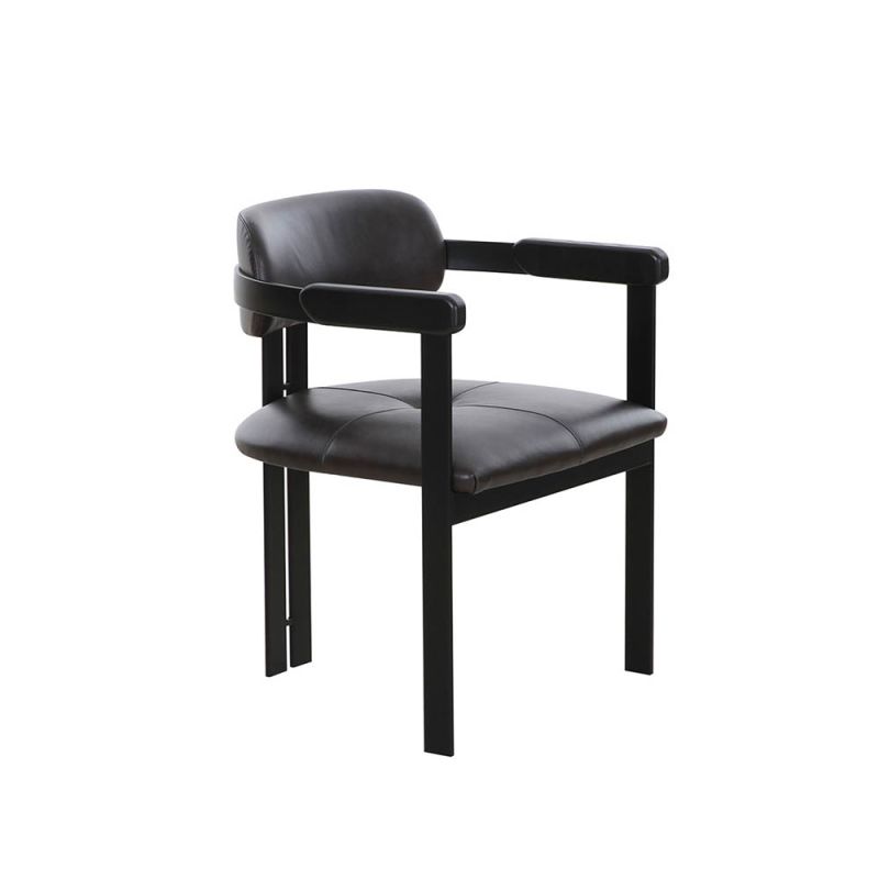 black leather chair with three legs and high arms